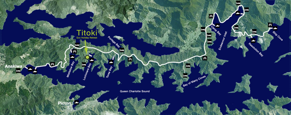 This map of the Queen Charlotte Track shows locations of accommodation